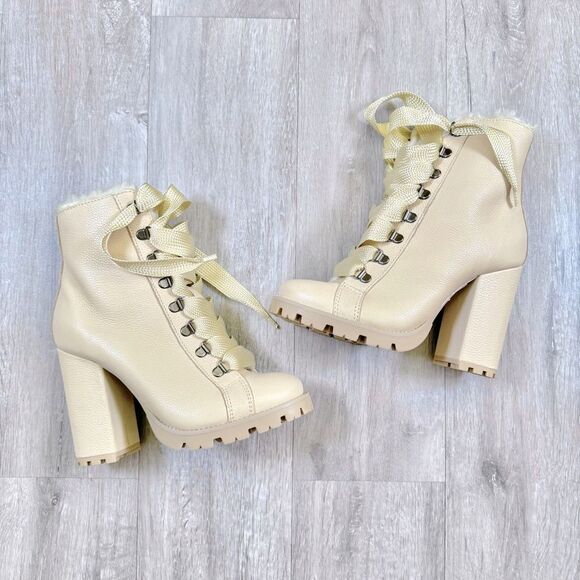 SCHUTZ 6.5 Zara White Cream Fur Lined Chunky Heel Winter Lace Up Boots NEW